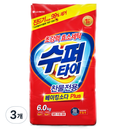 수퍼타이 찬물전용 베이킹소다 플러스 분말세제 리필, 6kg, 3개