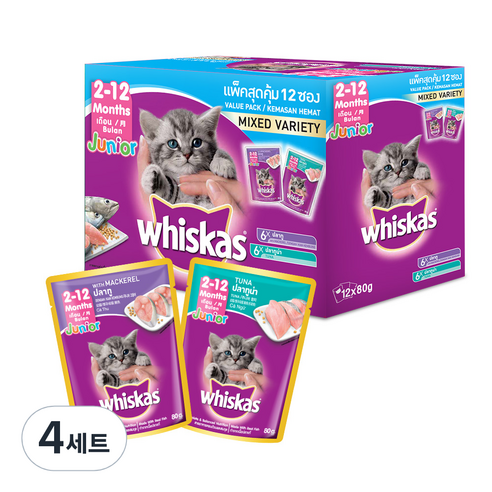 위스카스 2~12개월 고양이 파우치 믹스드 버라이어티팩 주니어 참치 6p + 고등어 6p, 생선, 960g, 4세트