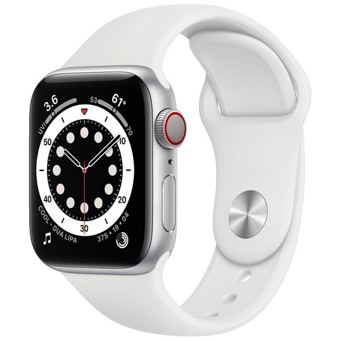 Apple 애플워치 6, 40mm, GPS+Cellular, 알루미늄, 실버 / 화이트 스포츠 밴드, 실버 알루미늄 케이스, 화이트 스포츠 밴드