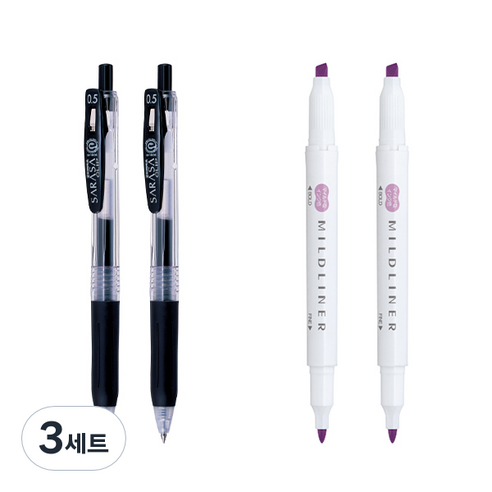 제브라 마일드라이너 마카 2p + 사라사 클립 볼펜 0.5mm 2p 세트, 마젠타(마일드라이너), 검정(볼펜), 3세트