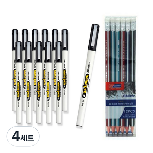 모나미 NEW 가는글씨용 네임펜X 12p +스카이글로리 삼각지우개 연필 12p 세트, 흑색, 4세트