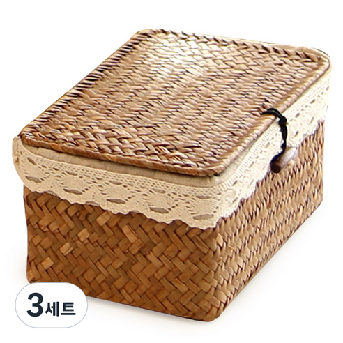 공간안애 뚜껑 사각 라탄 바구니 + 커버, 네츄럴, 3세트