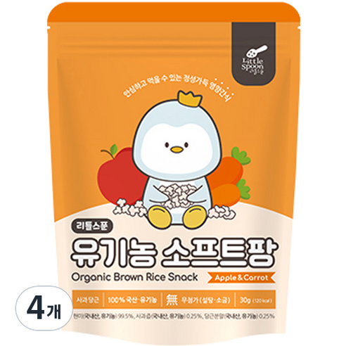 리틀스푼 쌀과자 유기농떡뻥 스틱 현미 소프트팡, 혼합맛(사과 / 당근), 30g, 4개