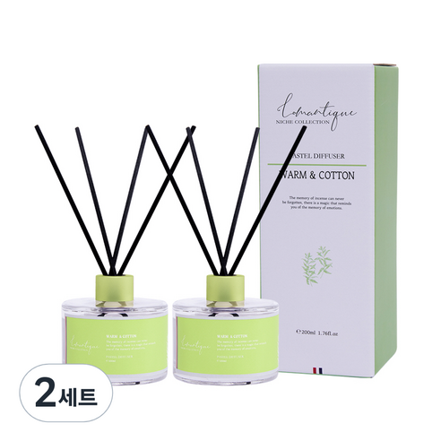 로맨띠끄 퍼퓸 파스텔 디퓨저 200ml x 2p + 섬유스틱 8p 세트, 웜 앤 코튼, 400ml, 2세트