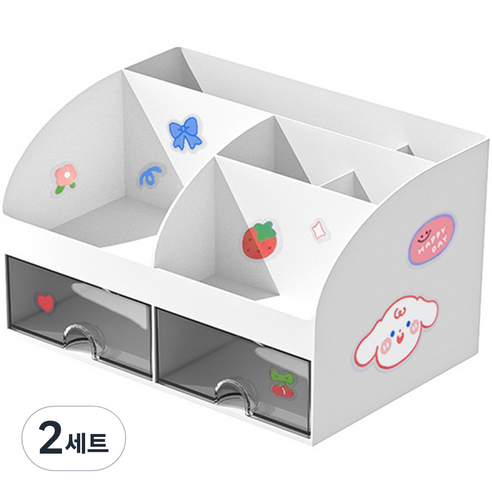 투코비 다용도 수납정리함 심플 데스크 오거나이저 6홀더 2서랍 + 데코스티커 세트, 혼합색상, 2세트