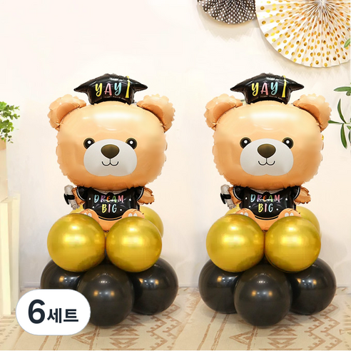 와우파티코리아 졸업 풍선 기둥 DIY 세트, 골드(30cm풍선) + 블랙(30cm풍선) + 졸업학사모 리틀곰돌이(은박풍선), 6세트