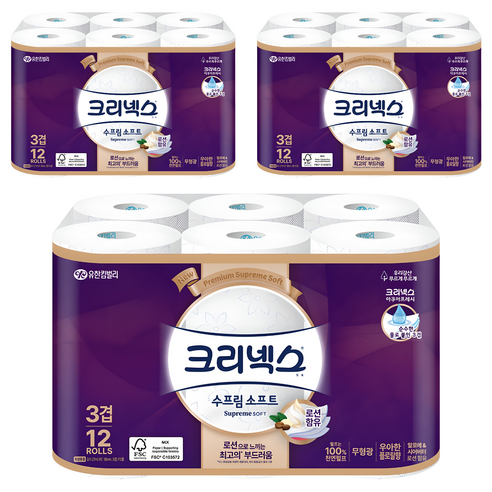 크리넥스 수프림 소프트 천연펄프 3겹 고급롤화장지, 27m, 12개입, 3개