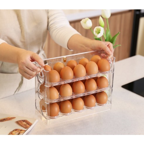 깔끔하고 정리된 냉장고를 위한 달팽이리빙 퀴진드마망 자동 오픈 계란 한판 보관함 30구