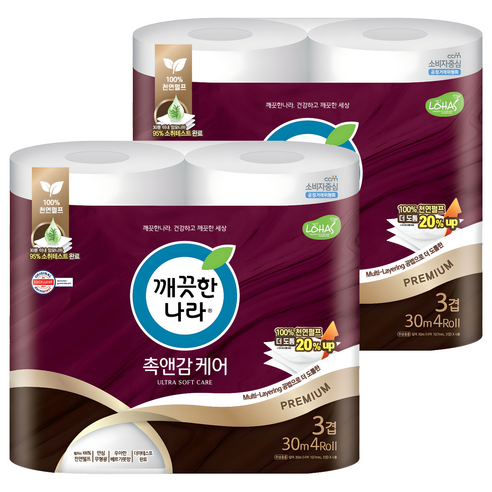 깨끗한나라 촉앤감케어 천연펄프 3겹 고급롤화장지, 30m, 4개입, 2개