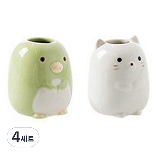 애니멀 다용도 칫솔꽂이, 그린 펭귄 + 화이트 고양이, 4세트