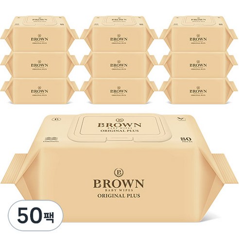 브라운 오리지널 플러스 저자극 아기물티슈 캡형, 80매, 50팩