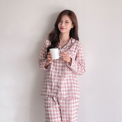  어나더디 여성용 모노체크 긴팔 잠옷 상하의 세트 