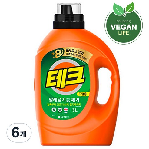 테크 알레르기 원인 제거 드럼용 액상세제 본품, 3L, 6개
