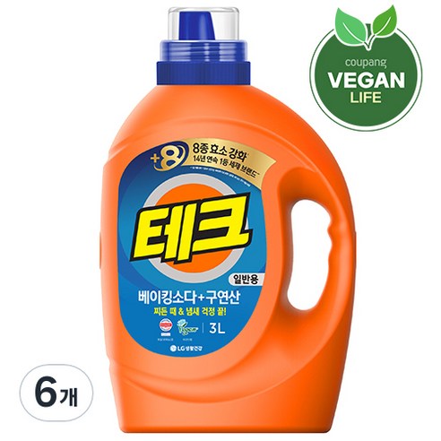 테크 베이킹소다+구연산 액체세제 일반 용기, 3L, 6개