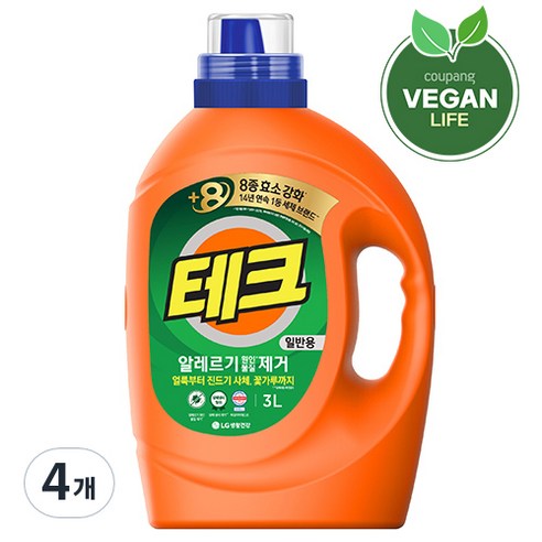 테크 베이킹소다+구연산 액체세제 일반 용기, 3L, 4개