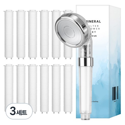 해피달링 미네랄 4단 필터 샤워기 헤드 + 필터 12p 세트, 3개, 화이트