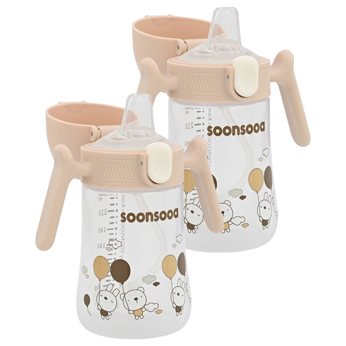 순수아 유아용 추달린 원터치 스파우트컵 240ml, 베이지, 2개