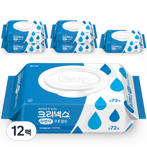 크리넥스 수앤수 코튼클린 오리지널 물티슈 캡형, 72매, 12팩