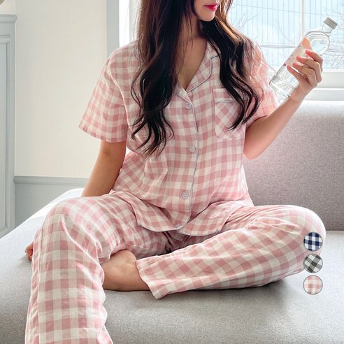  어나더디 여성용 모노체크 반팔 잠옷 상하의 세트 