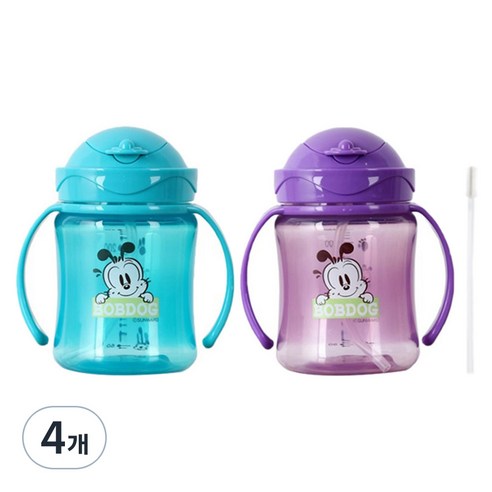 리틀밥독 국내 제조 플립 컬러 빨대컵 2종 250ml, 퍼플, 블루, 4개