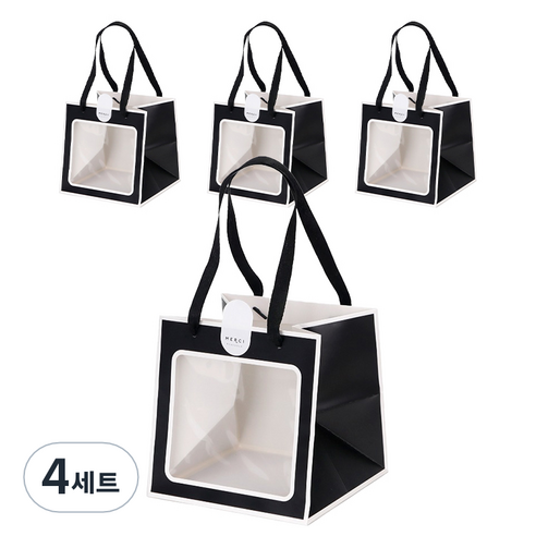 인디케이 투명창 선물쇼핑백 중 4p + 스티커 4p 세트, 블랙, 4세트