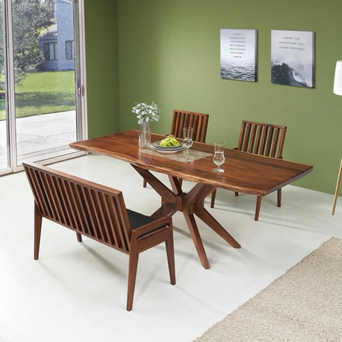 리바트식탁세트 헤즈로 레스토X 4인용 우드슬랩 원목식탁세트 1400 식탁 테이블 + 접이식 벤치 1p + 의자 2p 방문설치