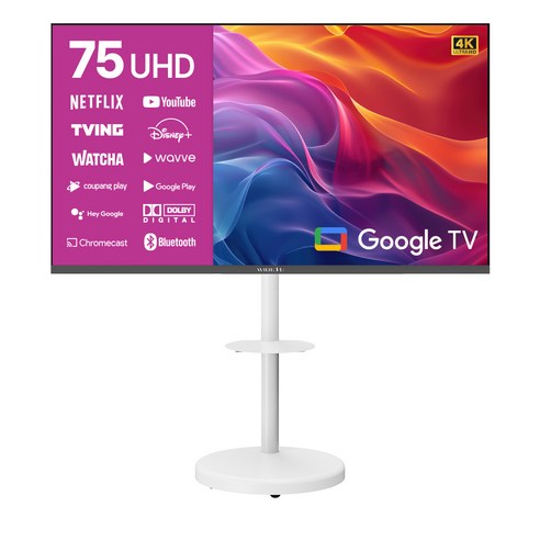 와이드뷰 4K UHD 블랙에디션 구글 스마트TV + 대형 삼탠바이미 화이트 스탠드 세트, 190cm(75인치), WGE75UT1, 이동형 스탠드, 방문설치