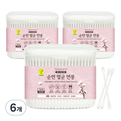 뷰렌드 비건 순면 멸균 종이 면봉, 350개입, 6개
