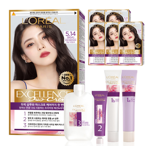 로레알파리 엑셀랑스 듀오크림 염모제, 5.14호 애쉬 브라운 6GA, 6개