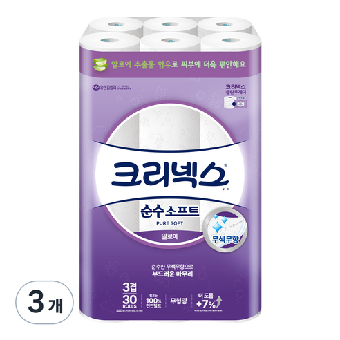 크리넥스 천연펄프 3겹 순수소프트 알로에 27m 롤화장지, 30롤, 3개