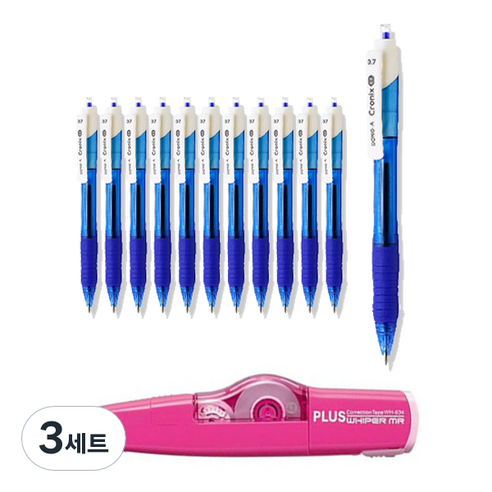 동아 크로닉스 디엑스 하이브리드펜 0.7 12p + 플러스 수정테이프 랜덤발송 WH-635 세트, 블루, 3세트