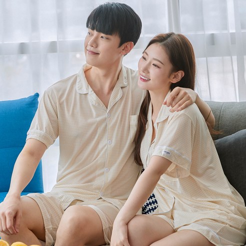 핑크존 모던체크 반팔 카라 커플잠옷 상하세트