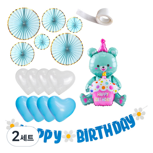 파티쇼 곰돌이 컵케익 데이지 생일 가랜드 파스텔팬 하트풍선 + 글루닷 세트, 민트(곰돌이풍선), 블루(하트풍선), 2세트