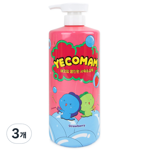 예꼬맘 아동용 대용량 3in1 올인원 바스 앤 샴푸 딸기, 1L, 3개