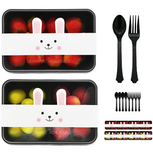 도나앤데코 PP내열 도시락용기 블랙한칸 5p + 두칸 5p + 맛있게드세요 토끼띠지 10p + 블랙스푼 5p + 포크 5p, 1개