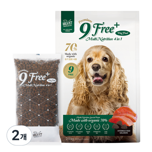 뷰카펫 강아지 어덜트 70% 9Free 플러스 4in1 프리미엄 건식 사료, 연어, 2.5kg, 2개