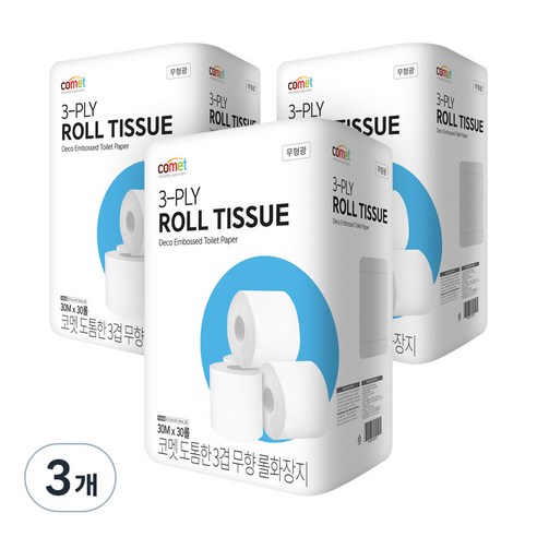 코멧 3겹 데코 무형광 롤화장지 30m, 30개입, 3개