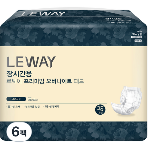 미래생활 르웨이 남녀공용 오버나이트 패드, 33 x 62 cm, 25매입, 6개