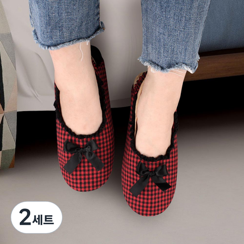 컬러매치 여성용 블리 덧신 실내화, 레드, 2개