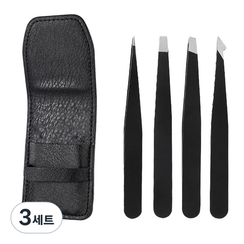 뷰티마마 고급 전문가용 쪽집게 핀셋 4종 세트, 블랙, 3세트