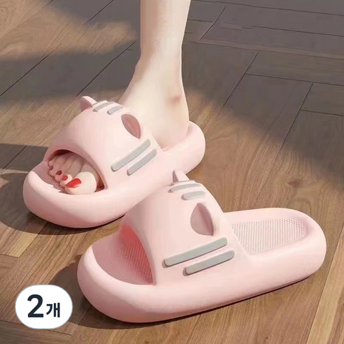 피어니스트 야옹이 거실 푹신 슬리퍼, 핑크, 2개