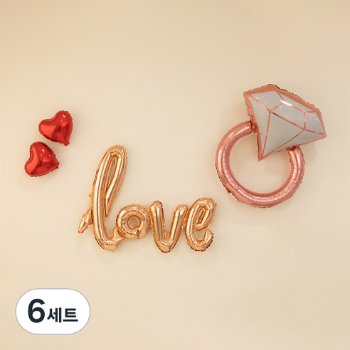 조이파티 프로포즈 이벤트 은박풍선 love + 다이아반지 + 미니하트 2p 세트, 로즈골드(풍선), 로즈골드(다이아반지), 레드(미니하트), 6세트