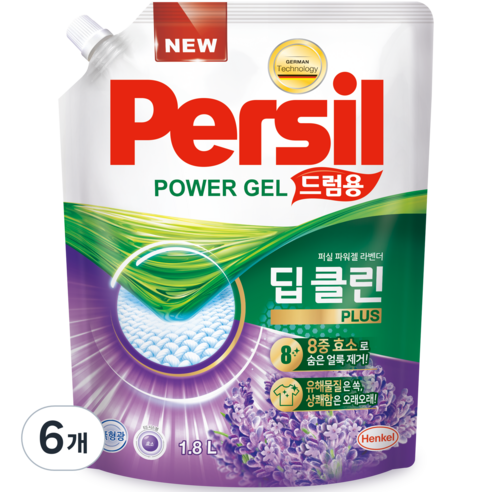 퍼실 파워젤 드럼용 액상세제 라벤더 코튼 프레쉬 리필형, 1.8L, 6개