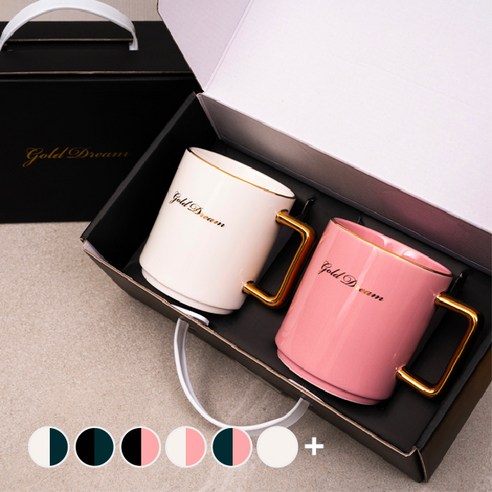 골드드림 24K 골드 머그컵 330ml 더블세트+ 케이스, 화이트, 핑크, 1세트
