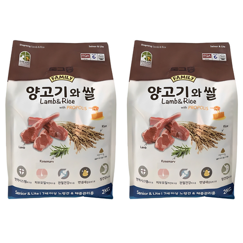 도그랑 시니어 강아지 훼미리 건식사료, 양+쌀, 2kg, 2개
