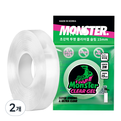 몬스터클리어겔 슬림 초강력 실리콘 양면테이프 15mm x 2m, 투명, 2개