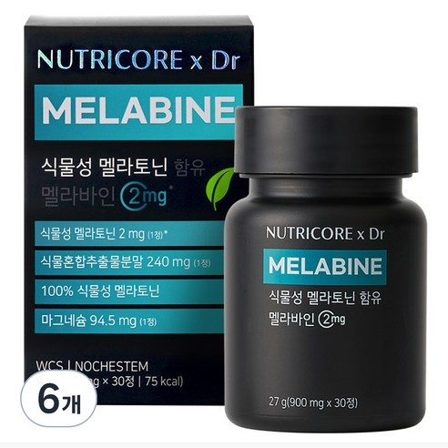 뉴트리코어 x Dr 식물성 멜라토닌 함유 멜라바인 27g, 30정, 6개