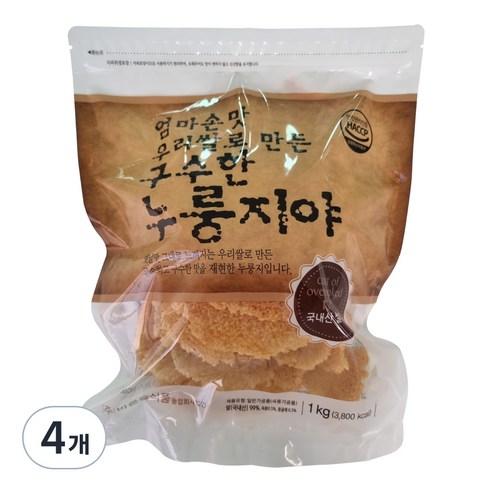 바른들식품 엄마손맛 우리쌀로 만든 구수한 누룽지야, 1kg, 4개