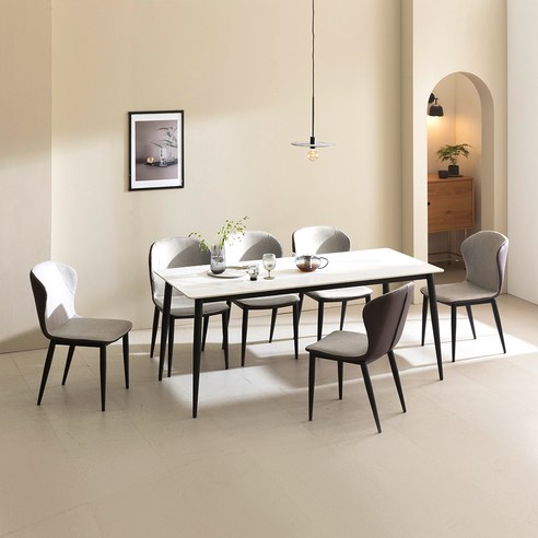 라온퍼니쳐 디네트 세라믹 6인용 식탁 + 의자 6p 세트 방문설치, 식탁(스타투리오 화이트), 의자(라이트그레이)