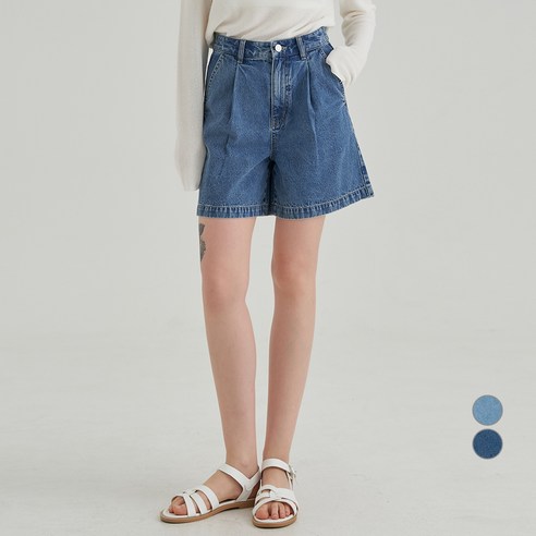 ELLE PARIS 여성용 원핀턱 경량 데님 하프 쇼츠, 중청, L(30)